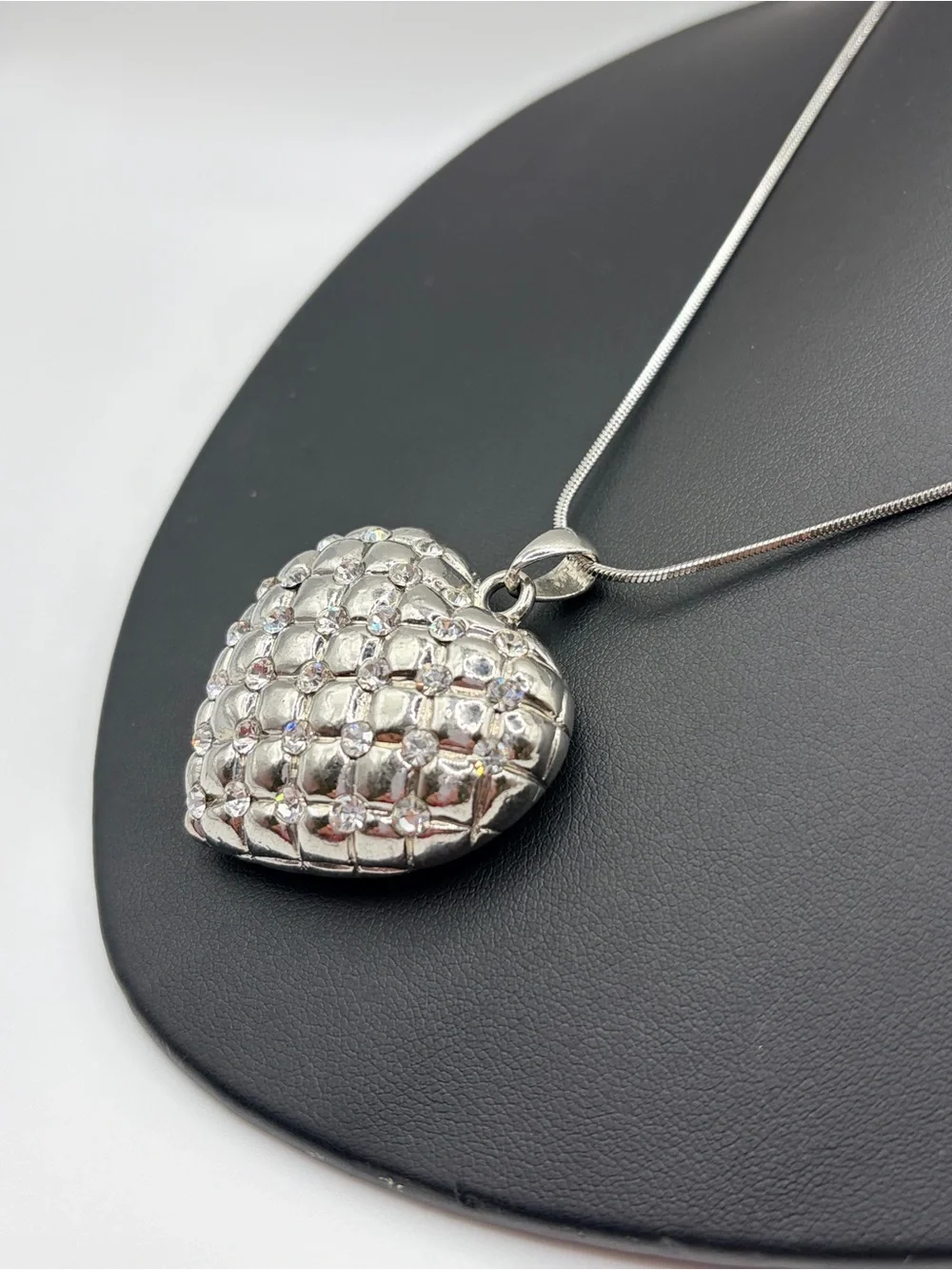 Chunky Silver Plated Heart Quilted Pendant Necklace with Crystal Accents